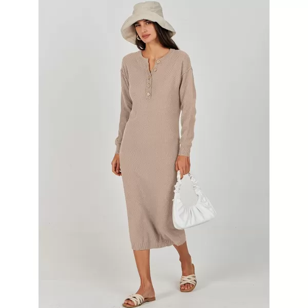 Caracilia Women Sweater Dress Long Sleeve Button V Neck Oversized Waffle Knit Pullover Sweater Casual Loose Fall Maxi Dress