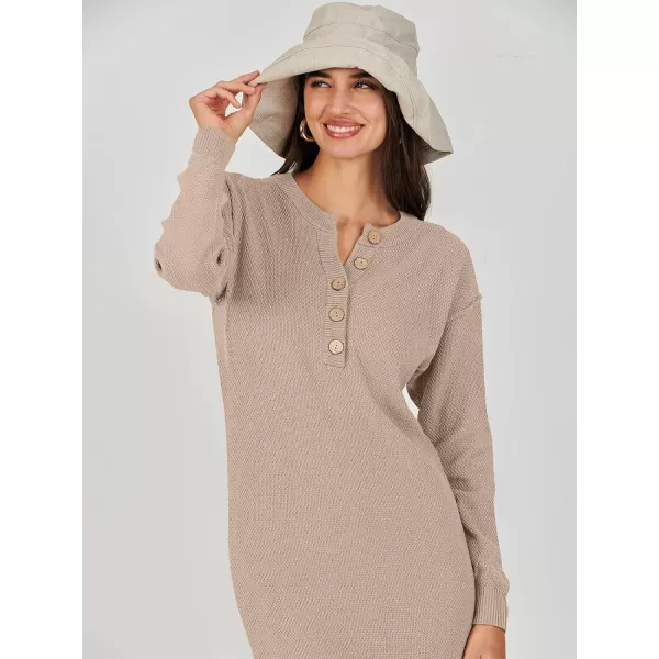Caracilia Women Sweater Dress Long Sleeve Button V Neck Oversized Waffle Knit Pullover Sweater Casual Loose Fall Maxi Dress