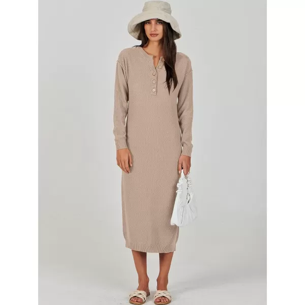 Caracilia Women Sweater Dress Long Sleeve Button V Neck Oversized Waffle Knit Pullover Sweater Casual Loose Fall Maxi Dress