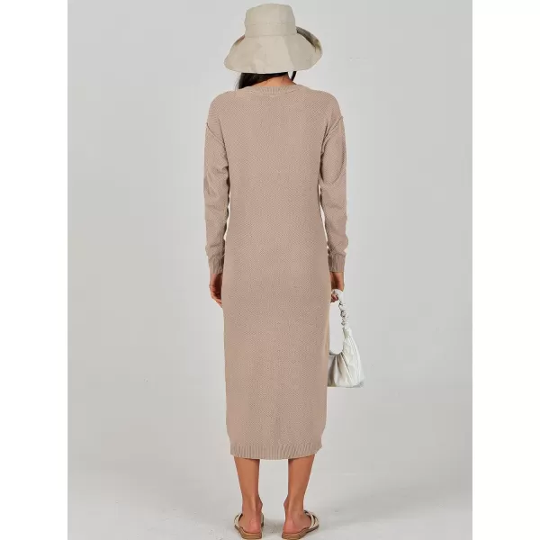 Caracilia Women Sweater Dress Long Sleeve Button V Neck Oversized Waffle Knit Pullover Sweater Casual Loose Fall Maxi Dress