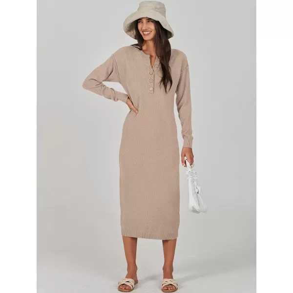 Caracilia Women Sweater Dress Long Sleeve Button V Neck Oversized Waffle Knit Pullover Sweater Casual Loose Fall Maxi Dress