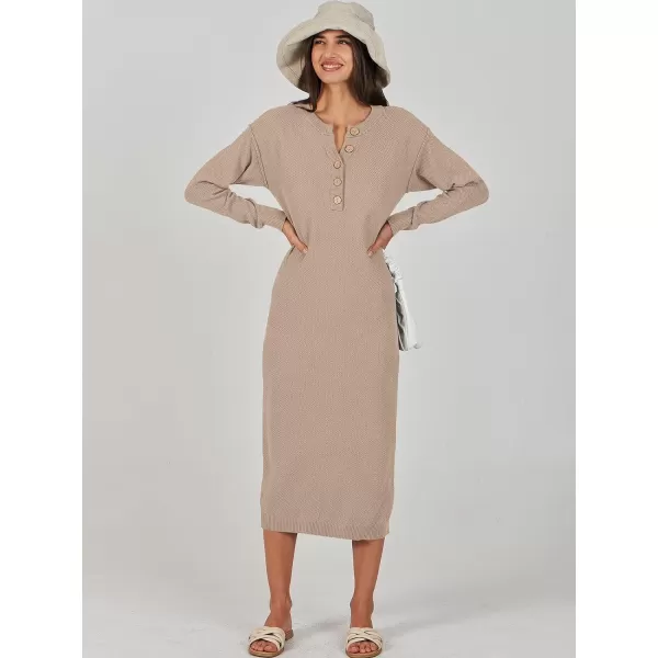 Caracilia Women Sweater Dress Long Sleeve Button V Neck Oversized Waffle Knit Pullover Sweater Casual Loose Fall Maxi Dress