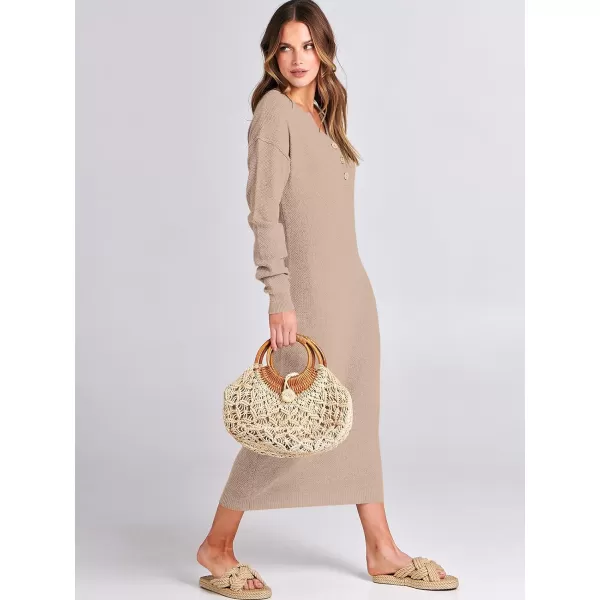 Caracilia Women Sweater Dress Long Sleeve Button V Neck Oversized Waffle Knit Pullover Sweater Casual Loose Fall Maxi Dress