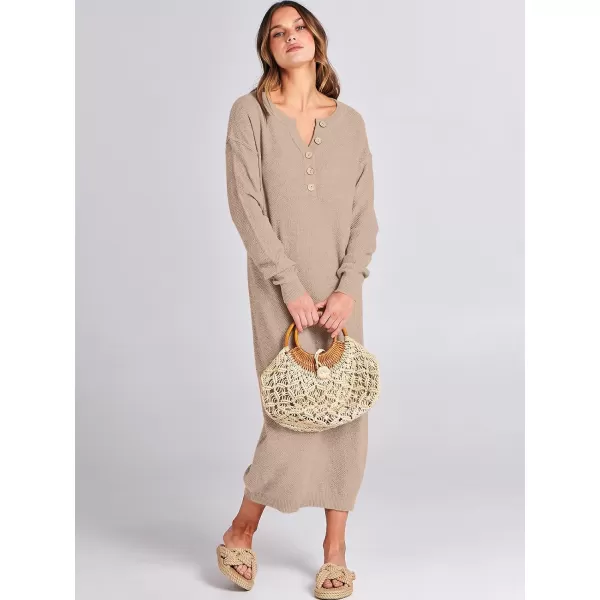 Caracilia Women Sweater Dress Long Sleeve Button V Neck Oversized Waffle Knit Pullover Sweater Casual Loose Fall Maxi Dress