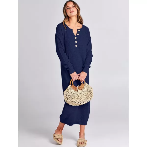 Caracilia Women Sweater Dress Long Sleeve Button V Neck Oversized Waffle Knit Pullover Sweater Casual Loose Fall Maxi Dress