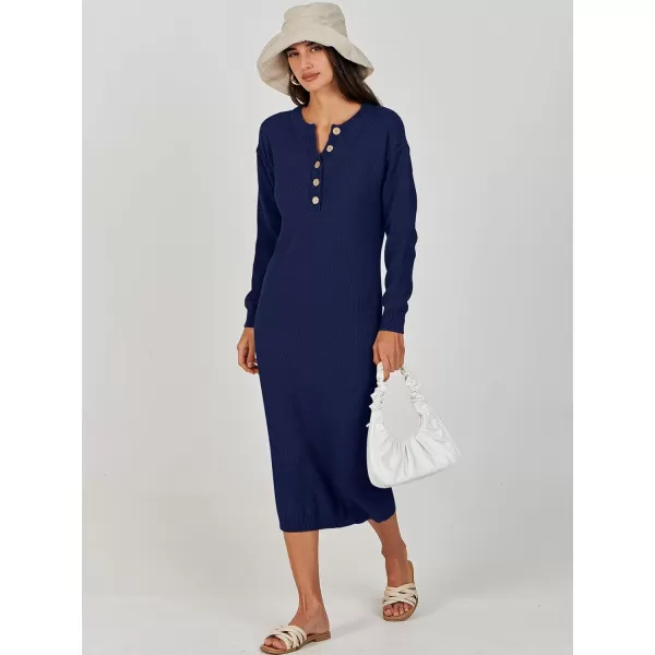 Caracilia Women Sweater Dress Long Sleeve Button V Neck Oversized Waffle Knit Pullover Sweater Casual Loose Fall Maxi Dress