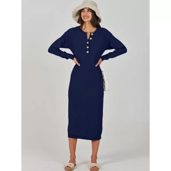 Caracilia Women Sweater Dress Long Sleeve Button V Neck Oversized Waffle Knit Pullover Sweater Casual Loose Fall Maxi Dress