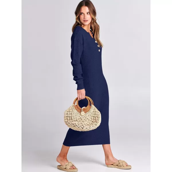 Caracilia Women Sweater Dress Long Sleeve Button V Neck Oversized Waffle Knit Pullover Sweater Casual Loose Fall Maxi Dress