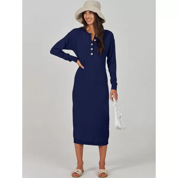 Caracilia Women Sweater Dress Long Sleeve Button V Neck Oversized Waffle Knit Pullover Sweater Casual Loose Fall Maxi Dress