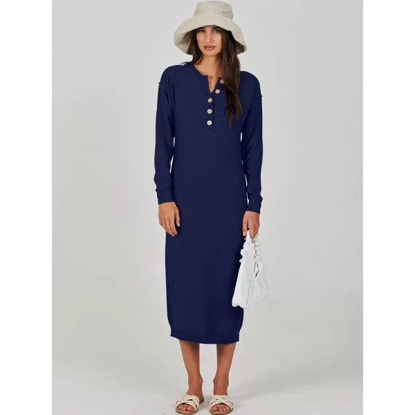Caracilia Women Sweater Dress Long Sleeve Button V Neck Oversized Waffle Knit Pullover Sweater Casual Loose Fall Maxi Dress