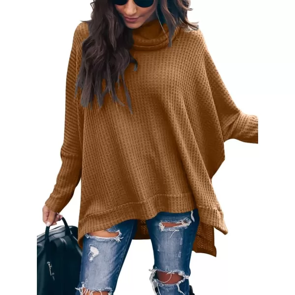 Caracilia Women Turtle Cowl Neck Long Batwing Sleeve Waffle Knit Pullover Sweaters Oversized Loose Fit High Low Tunic Tops