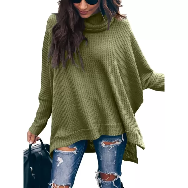 Caracilia Women Turtle Cowl Neck Long Batwing Sleeve Waffle Knit Pullover Sweaters Oversized Loose Fit High Low Tunic Tops