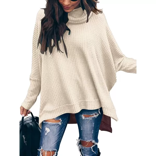 Caracilia Women Turtle Cowl Neck Long Batwing Sleeve Waffle Knit Pullover Sweaters Oversized Loose Fit High Low Tunic Tops