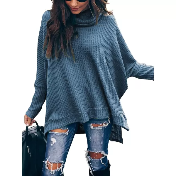 Caracilia Women Turtle Cowl Neck Long Batwing Sleeve Waffle Knit Pullover Sweaters Oversized Loose Fit High Low Tunic Tops