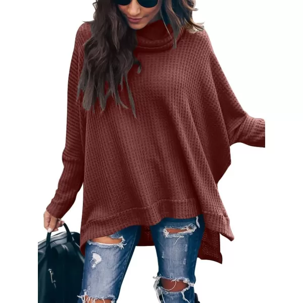 Caracilia Women Turtle Cowl Neck Long Batwing Sleeve Waffle Knit Pullover Sweaters Oversized Loose Fit High Low Tunic Tops