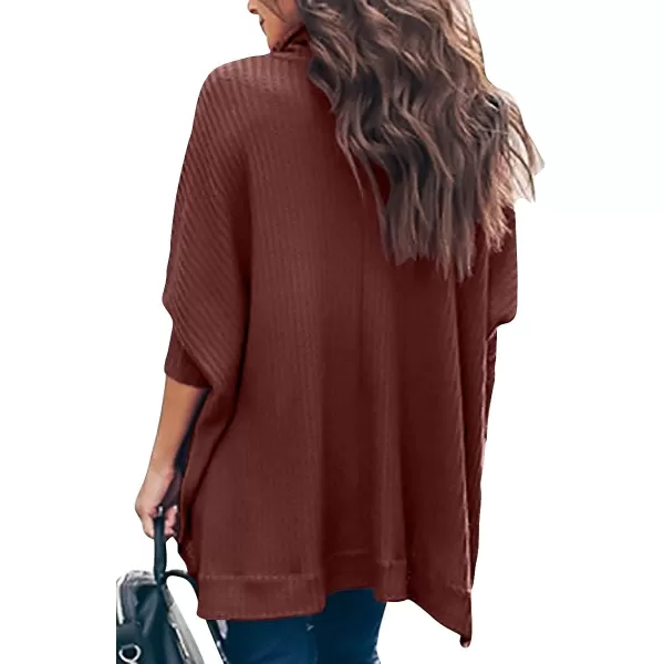 Caracilia Women Turtle Cowl Neck Long Batwing Sleeve Waffle Knit Pullover Sweaters Oversized Loose Fit High Low Tunic Tops