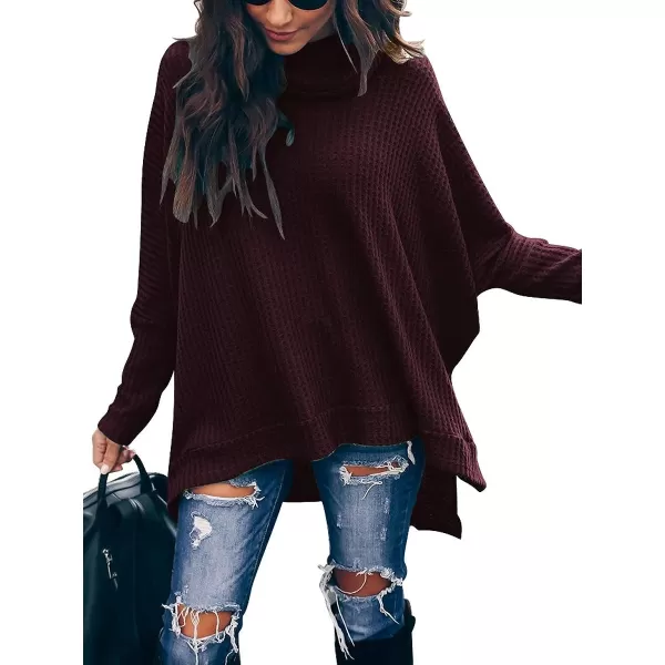 Caracilia Women Turtle Cowl Neck Long Batwing Sleeve Waffle Knit Pullover Sweaters Oversized Loose Fit High Low Tunic Tops