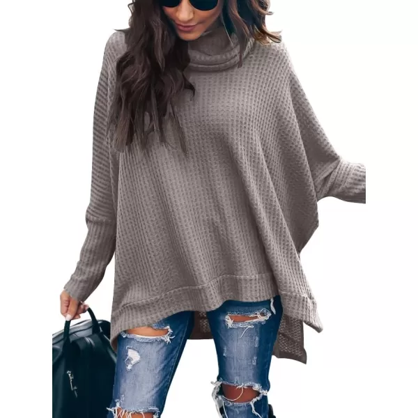 Caracilia Women Turtle Cowl Neck Long Batwing Sleeve Waffle Knit Pullover Sweaters Oversized Loose Fit High Low Tunic Tops