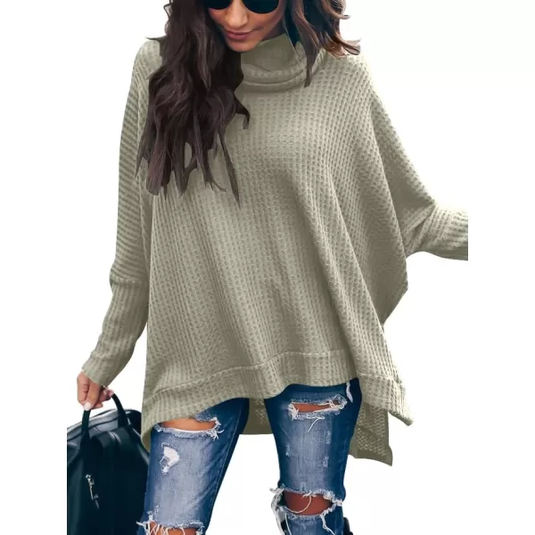 Caracilia Women Turtle Cowl Neck Long Batwing Sleeve Waffle Knit Pullover Sweaters Oversized Loose Fit High Low Tunic Tops