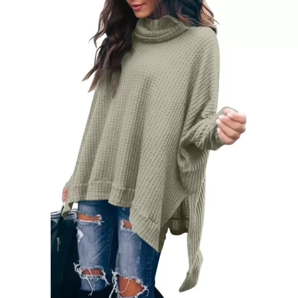 Caracilia Women Turtle Cowl Neck Long Batwing Sleeve Waffle Knit Pullover Sweaters Oversized Loose Fit High Low Tunic Tops