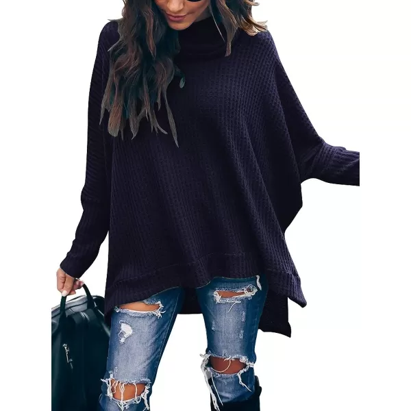 Caracilia Women Turtle Cowl Neck Long Batwing Sleeve Waffle Knit Pullover Sweaters Oversized Loose Fit High Low Tunic Tops