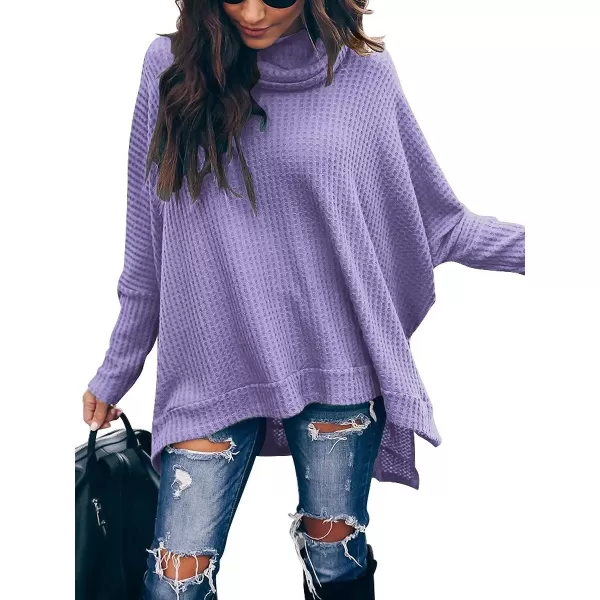 Caracilia Women Turtle Cowl Neck Long Batwing Sleeve Waffle Knit Pullover Sweaters Oversized Loose Fit High Low Tunic Tops