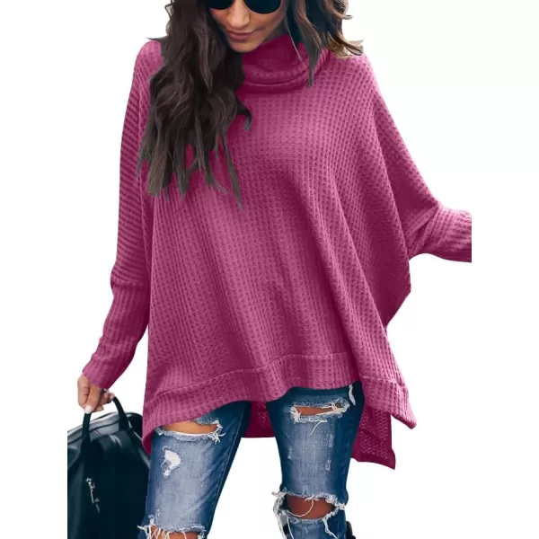 Caracilia Women Turtle Cowl Neck Long Batwing Sleeve Waffle Knit Pullover Sweaters Oversized Loose Fit High Low Tunic Tops