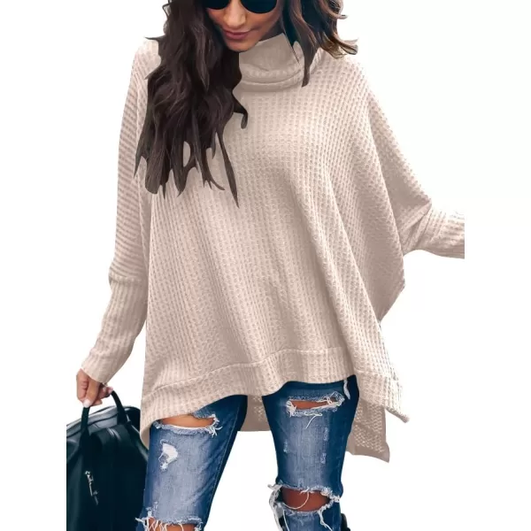 Caracilia Women Turtle Cowl Neck Long Batwing Sleeve Waffle Knit Pullover Sweaters Oversized Loose Fit High Low Tunic Tops