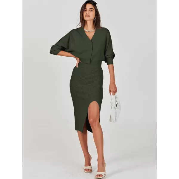 Caracilia Women Two Piece Outfits Sweater Sets Long Sleeve Knit Top and Bodycon Side Slit Midi Skirt Dress Fall Clothes