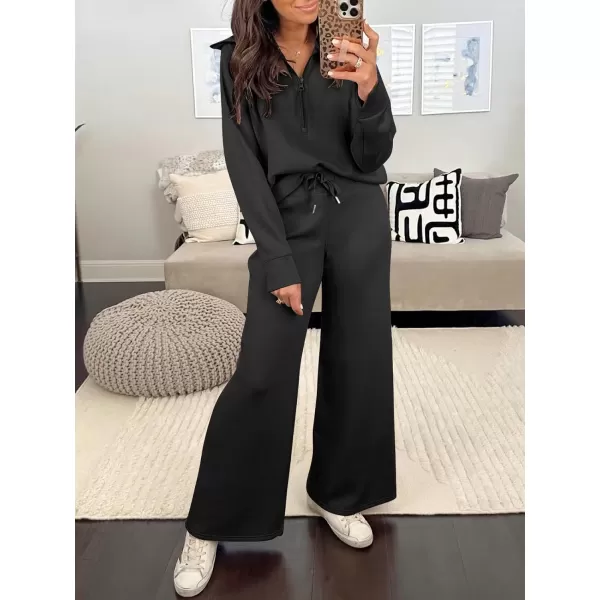 Caracilia Women Two Piece Outfits Sweatsuit Set Quarter Zip Oversized Sweatshirt Wide Leg Sweatpant Fall Lounge Set Tracksuit