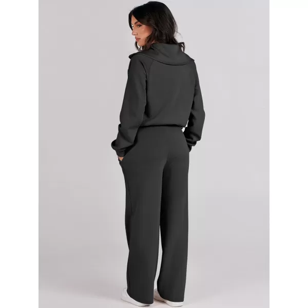 Caracilia Women Two Piece Outfits Sweatsuit Set Quarter Zip Oversized Sweatshirt Wide Leg Sweatpant Fall Lounge Set Tracksuit
