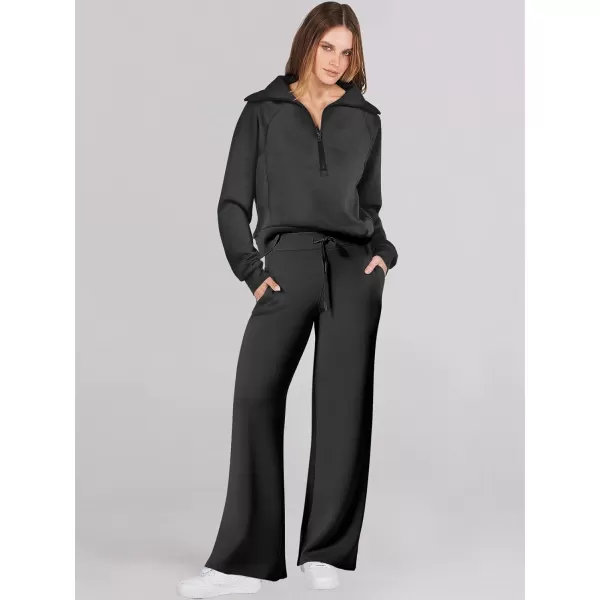 Caracilia Women Two Piece Outfits Sweatsuit Set Quarter Zip Oversized Sweatshirt Wide Leg Sweatpant Fall Lounge Set Tracksuit