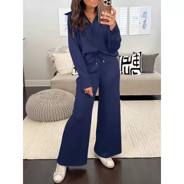 Caracilia Women Two Piece Outfits Sweatsuit Set Quarter Zip Oversized Sweatshirt Wide Leg Sweatpant Fall Lounge Set Tracksuit