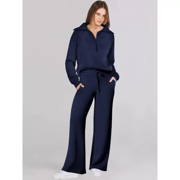 Caracilia Women Two Piece Outfits Sweatsuit Set Quarter Zip Oversized Sweatshirt Wide Leg Sweatpant Fall Lounge Set Tracksuit