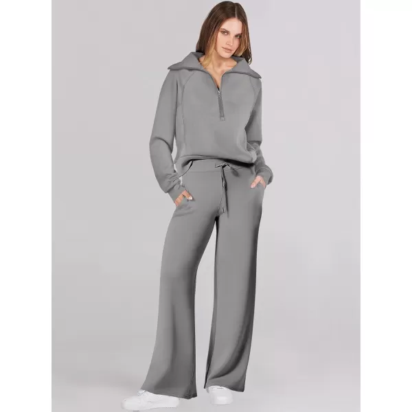Caracilia Women Two Piece Outfits Sweatsuit Set Quarter Zip Oversized Sweatshirt Wide Leg Sweatpant Fall Lounge Set Tracksuit
