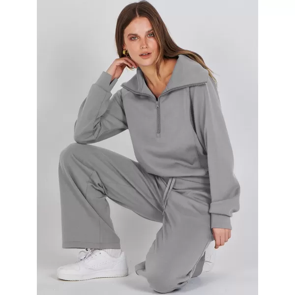 Caracilia Women Two Piece Outfits Sweatsuit Set Quarter Zip Oversized Sweatshirt Wide Leg Sweatpant Fall Lounge Set Tracksuit