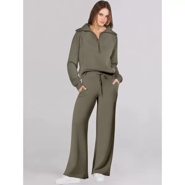 Caracilia Women Two Piece Outfits Sweatsuit Set Quarter Zip Oversized Sweatshirt Wide Leg Sweatpant Fall Lounge Set Tracksuit