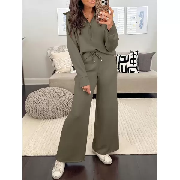 Caracilia Women Two Piece Outfits Sweatsuit Set Quarter Zip Oversized Sweatshirt Wide Leg Sweatpant Fall Lounge Set Tracksuit