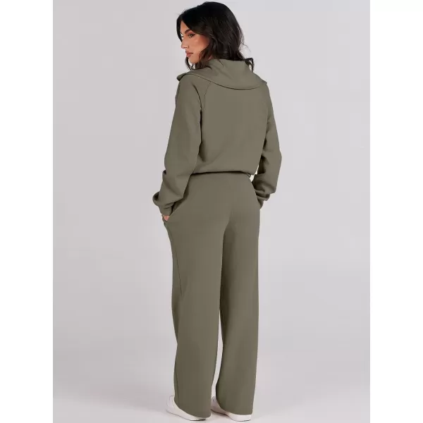 Caracilia Women Two Piece Outfits Sweatsuit Set Quarter Zip Oversized Sweatshirt Wide Leg Sweatpant Fall Lounge Set Tracksuit