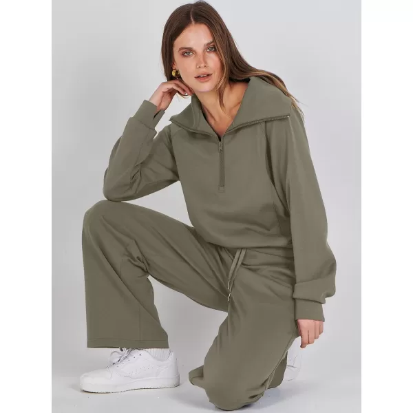 Caracilia Women Two Piece Outfits Sweatsuit Set Quarter Zip Oversized Sweatshirt Wide Leg Sweatpant Fall Lounge Set Tracksuit