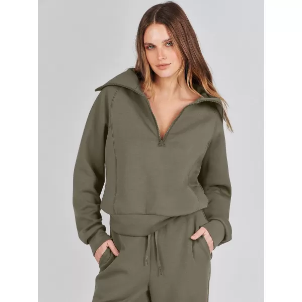 Caracilia Women Two Piece Outfits Sweatsuit Set Quarter Zip Oversized Sweatshirt Wide Leg Sweatpant Fall Lounge Set Tracksuit