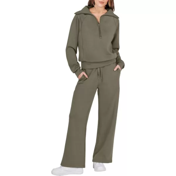 Caracilia Women Two Piece Outfits Sweatsuit Set Quarter Zip Oversized Sweatshirt Wide Leg Sweatpant Fall Lounge Set Tracksuit