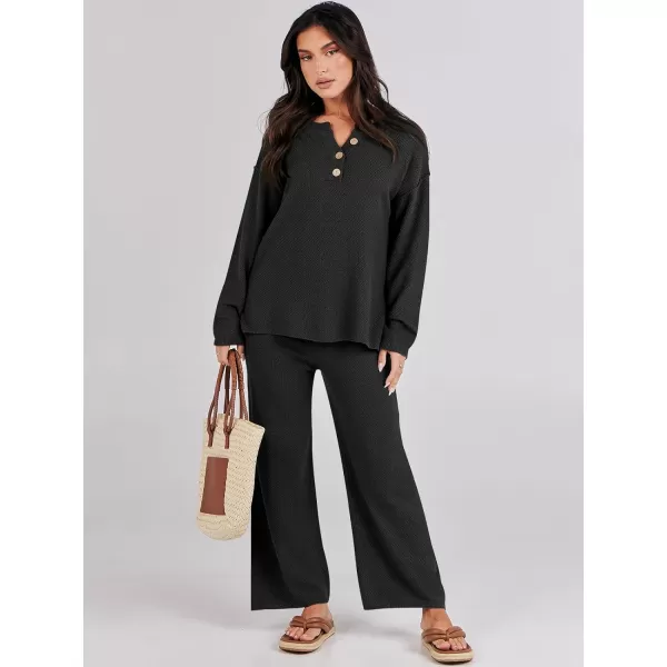 Caracilia Womens 2 Piece Outfits Long Sleeve Knit Loungewear Loose Slouchy Sweater Set Fall Trendy Matching Lounge Sets