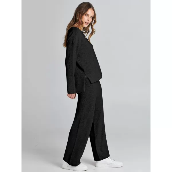 Caracilia Womens 2 Piece Outfits Long Sleeve Knit Loungewear Loose Slouchy Sweater Set Fall Trendy Matching Lounge Sets