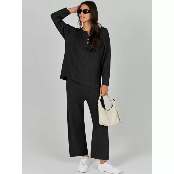 Caracilia Womens 2 Piece Outfits Long Sleeve Knit Loungewear Loose Slouchy Sweater Set Fall Trendy Matching Lounge Sets