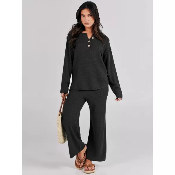 Caracilia Womens 2 Piece Outfits Long Sleeve Knit Loungewear Loose Slouchy Sweater Set Fall Trendy Matching Lounge Sets