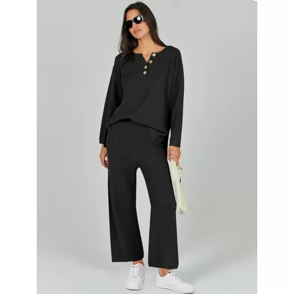 Caracilia Womens 2 Piece Outfits Long Sleeve Knit Loungewear Loose Slouchy Sweater Set Fall Trendy Matching Lounge Sets