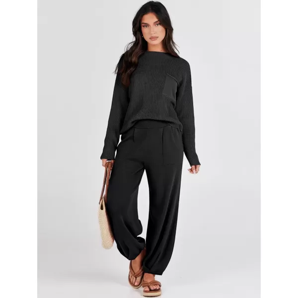 Caracilia Womens 2 Piece Outfits Sweater Sets Long Sleeve Knit Tops and Loose Pants Classy Matching Tracksuit Lounge Sets