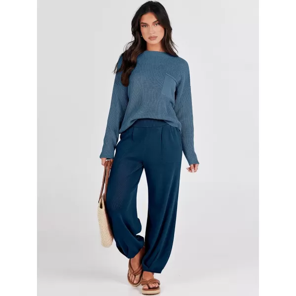 Caracilia Womens 2 Piece Outfits Sweater Sets Long Sleeve Knit Tops and Loose Pants Classy Matching Tracksuit Lounge Sets