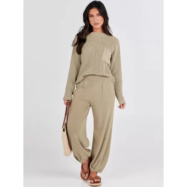 Caracilia Womens 2 Piece Outfits Sweater Sets Long Sleeve Knit Tops and Loose Pants Classy Matching Tracksuit Lounge Sets